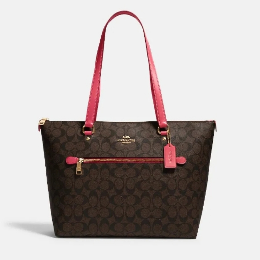 Coach Brown Pink Gallery Tote Signature Leather Shoulder Bag Large Purse $350